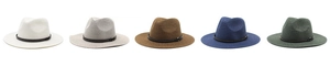 Detailed view of woven straw sun hats in five colors with black decorative bands