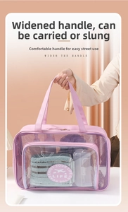Detail of pink waterproof PVC wash bag with purple mesh and wide handles for travel