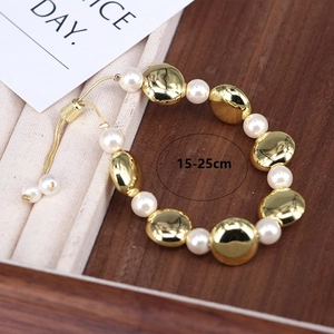 Adjustable gold bead and pearl bracelet with pull string closure 15-25cm length