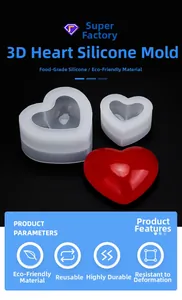 Detailed view of 3D heart silicone molds with finished red resin crafts on black background