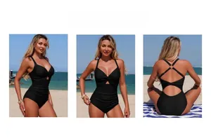 Three-way view of black V-neck one-piece swimsuit with cutout detail and ruched sides