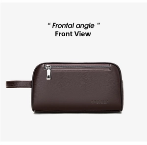 Front view of brown pebble grain leather men's clutch bag with metal zipper and handle