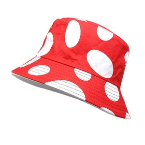 Reversible red fisherman hat with large white polka dots in high quality cotton canvas