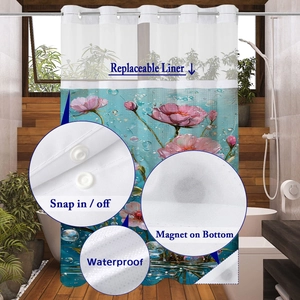 Detail view of floral shower curtain with snap-in liner and bottom weight magnets
