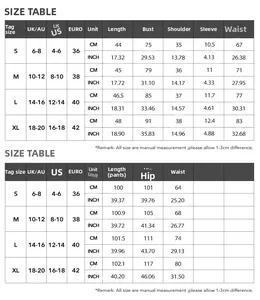 Detailed size guide table for short sleeve T-shirt and straight leg pants set for women