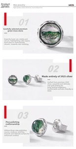 Macro detail of natural green moss agate stud earring with S925 silver engraving mark