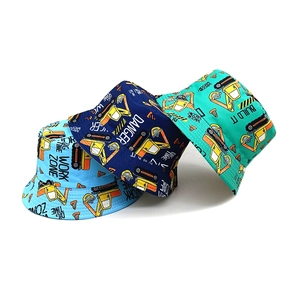 Children's double-sided sun hat with excavator print in sky blue, navy, and green