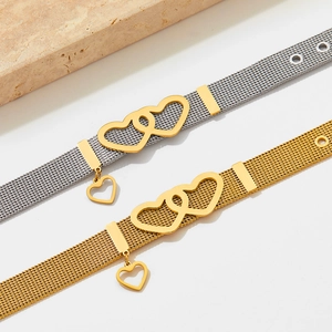 Two-tone and gold stainless steel mesh bracelets with interlocking heart design
