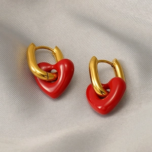 Stainless Steel Heart Hoop Earrings 18K Gold Plated Red Enamel Heart Drop Earrings For Women Fashion Simple Jewelry