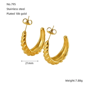 Detail view of 18k gold plated stainless steel spiral earrings with 21mm size and weight specs