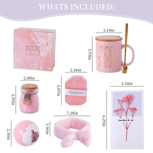 Flat lay detail of a pink tulip gift set including ceramic mug, bath salts, and soap