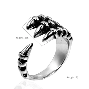 Vintage gothic dragon claw open ring in stainless steel with a retro silver finish