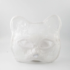 White lace cat ear mask for Halloween party with intricate floral patterns and cutout design