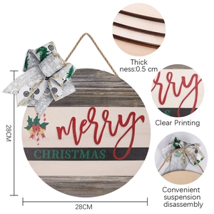 28cm wooden Merry Christmas door sign with buffalo plaid bow and botanical pattern