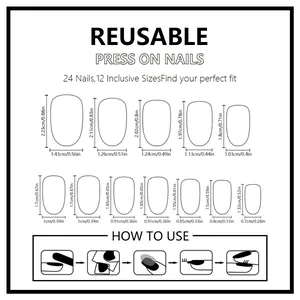 Size chart showing 24 pieces of short press-on nails in 12 sizes with precise measurements