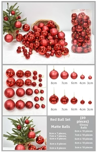 Detailed set of 89 red matte and glossy Christmas balls in various sizes from 3cm to 8cm