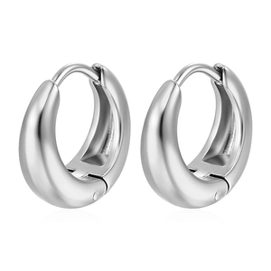 Polished silver stainless steel hoop earrings with 18K plating on a white background