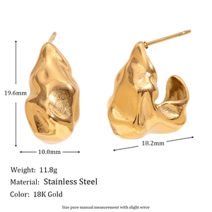 Irregular lava style 18K gold plated stainless steel hoop earrings in front and side views