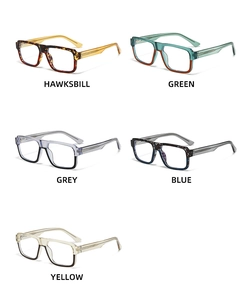 Retro oversized eyewear frames displayed in tortoiseshell, green, grey, blue, and yellow