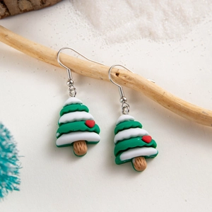 Cute resin Christmas tree earrings with red heart detail and silver hooks for women