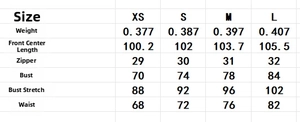 Size chart for halter backless dress detailing measurements in XS, S, M, and L sizes