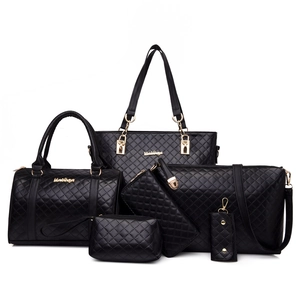 Black 6-piece quilted PU leather handbag set with gold hardware and logo detail