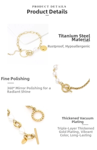 Detail of 18K gold plated titanium bracelet featuring pearls and OT toggle closure