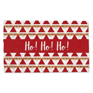 Detail of Christmas doormat showing Santa motifs and Ho! Ho! Ho! text on fiber texture