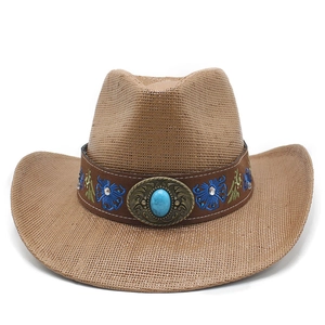 Detailed macro of woven straw cowboy hat with embroidered leather band and turquoise stone