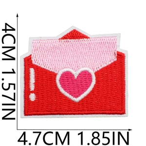 Detail of red heart envelope embroidery patch showing 4cm x 4.7cm dimensions and texture