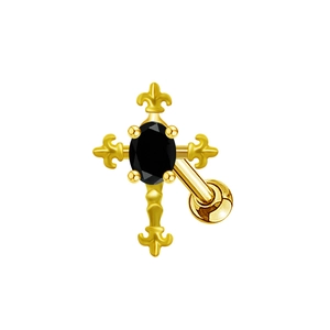 Gros plan d'un clou d'oreille croix dorée avec pierre noire et fermoir sphérique