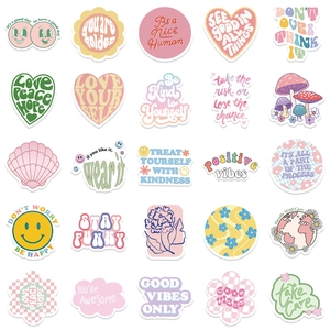 Set of 25 Danish pastel vinyl stickers with retro hippie floral and positive quotes