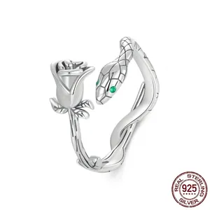Rose Snake Open Ring 925 Sterling Silver Adjustable Vintage Gothic Green Zircon Eye Jewelry Gift For Women