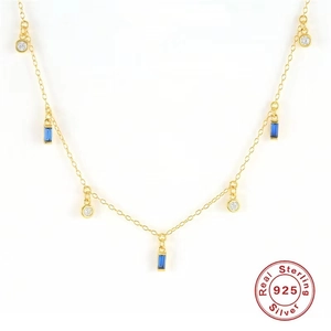 Elegant S925 sterling silver gold necklace featuring rectangle blue zircon pendant