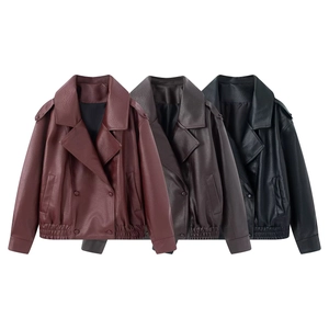 Women Faux Leather Motorcycle Jacket Litchi Grain Dropped Shoulder Lapel Zipper Loose Biker Outerwear Short Coats