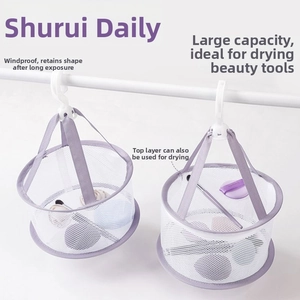 Hanging mesh drying basket for beauty blenders and makeup brushes with windproof hook