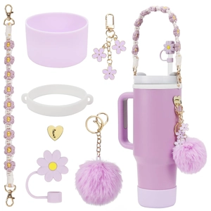 Purple flower accessories set for tumblers including straw cover, lanyard and silicone base