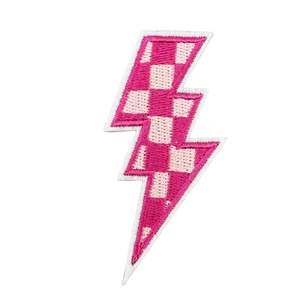 Pink checkered lightning bolt embroidery patch for clothing and hats decoration