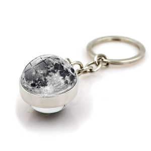 Solar system Moon planet keychain with glass ball pendant and silver metal ring