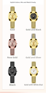 Matrix display of diamond-set quartz watches in gold, rose gold, and black finishes