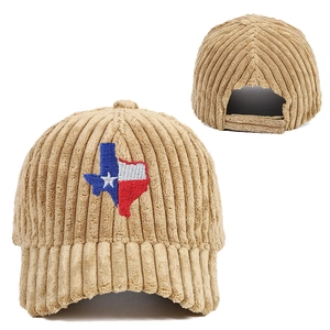 Khaki corduroy baseball cap featuring Texas flag embroidery and adjustable velcro strap