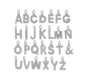 Silver alphabet letter pendants set with micro-pave cubic zirconia and metal loops