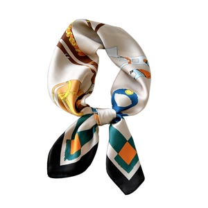 Green and orange satin silk square scarf with horse pattern print on white background