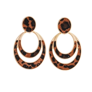 Retro geometric leopard print circular earrings with gold metal frame on a white background