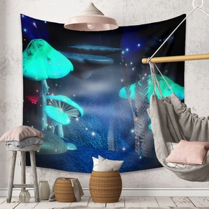 Detail of glow-in-the-dark mushroom tapestry hanging on a wall in a bohemian room setting
