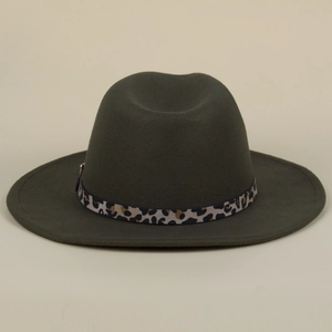 Detail of dark forest green fedora hat featuring a leopard print belt buckle band decoration