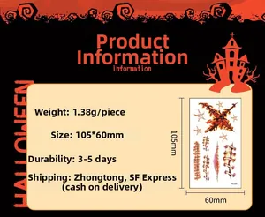 Detail specifications for Halloween wound tattoos showing size 105x60mm and 3-5 days durability