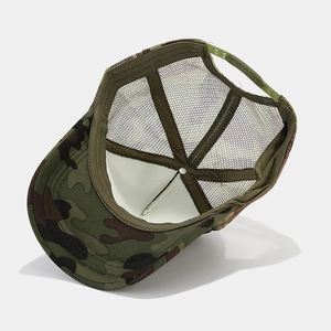 Camouflage mesh trucker hat with adjustable snapback closure shown from a rear angle