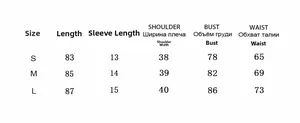 Size guide table for women's short sleeve dress showing length, bust and waist measurements
