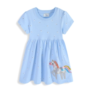 Short-sleeved sky blue floral cotton knit dress with rainbow unicorn embroidery
